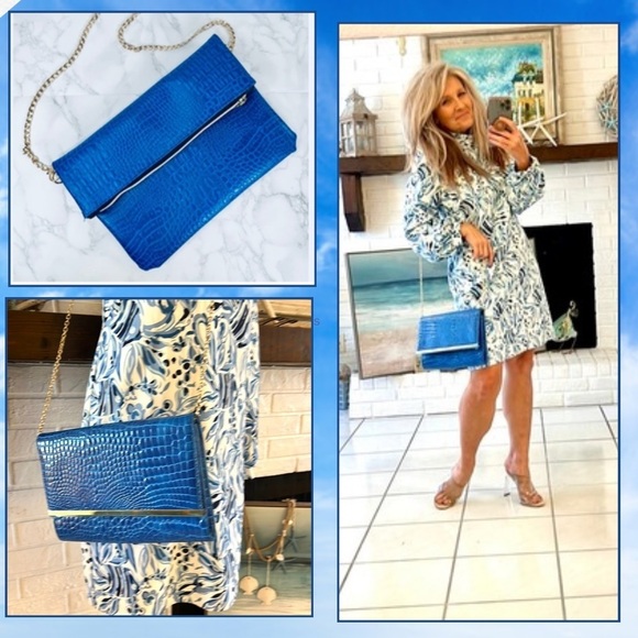 💙Yoki Shoulder Bag& Clutch,Removable Gold Shoulder Chain, GORGEOUS Royal Blue - Picture 2 of 12